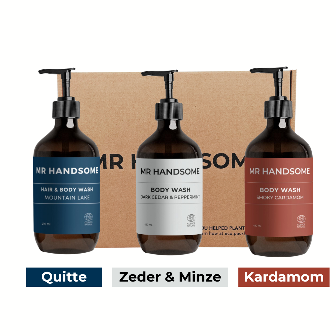Duschgel Trio mit ausgefallenen Düften von Quitte, Dunkler Zeder und Pfefferminze sowie Kardamom
