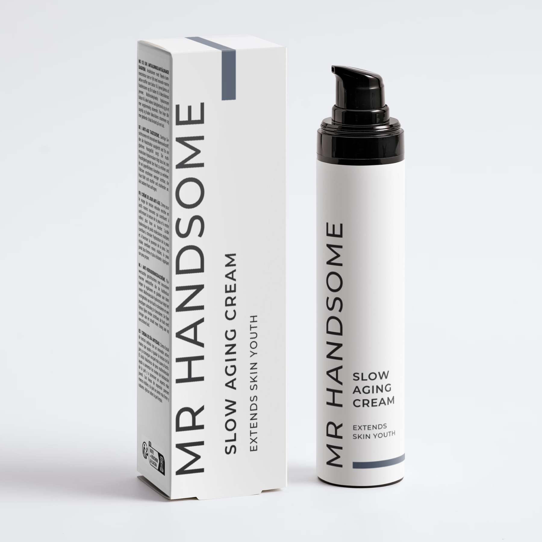 Schlichte Verpackung mit Pumpflasche der Slow Aging Cream | Extends Skin Youth