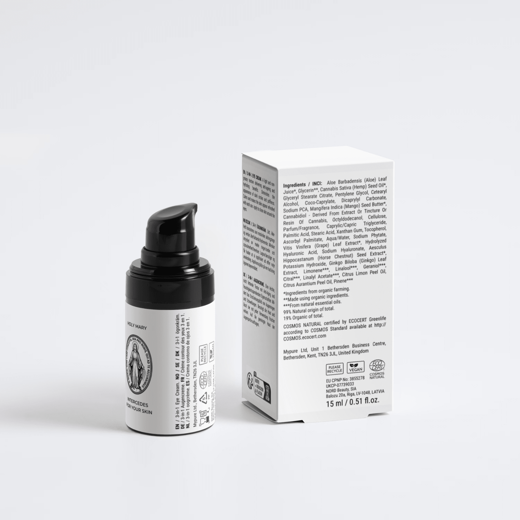 Slow Aging Eye Cream: Pumpflasche neben Box mit Zutatenliste