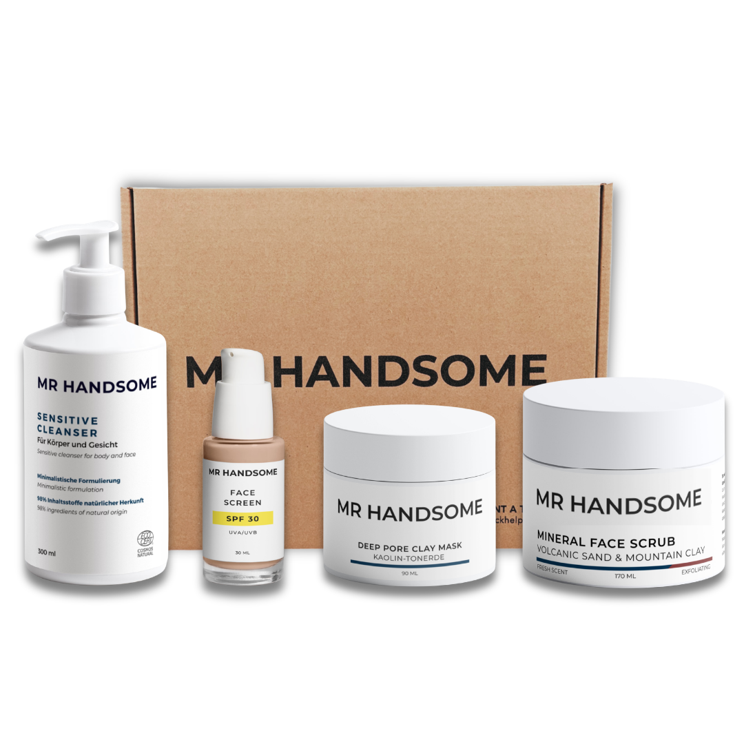 Summer Skincare Essentials für Männer mit 2-in-1 Cleanser, Getönter Tagescreme mit LSF30, Gesichtsmaske und Gesichtspeeling