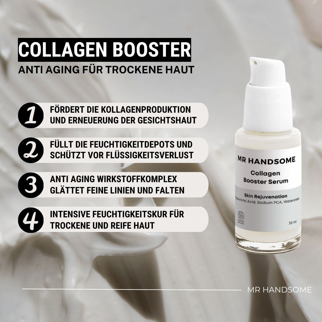 Infografik über die Eigenschaften des Collagen Booster Serum