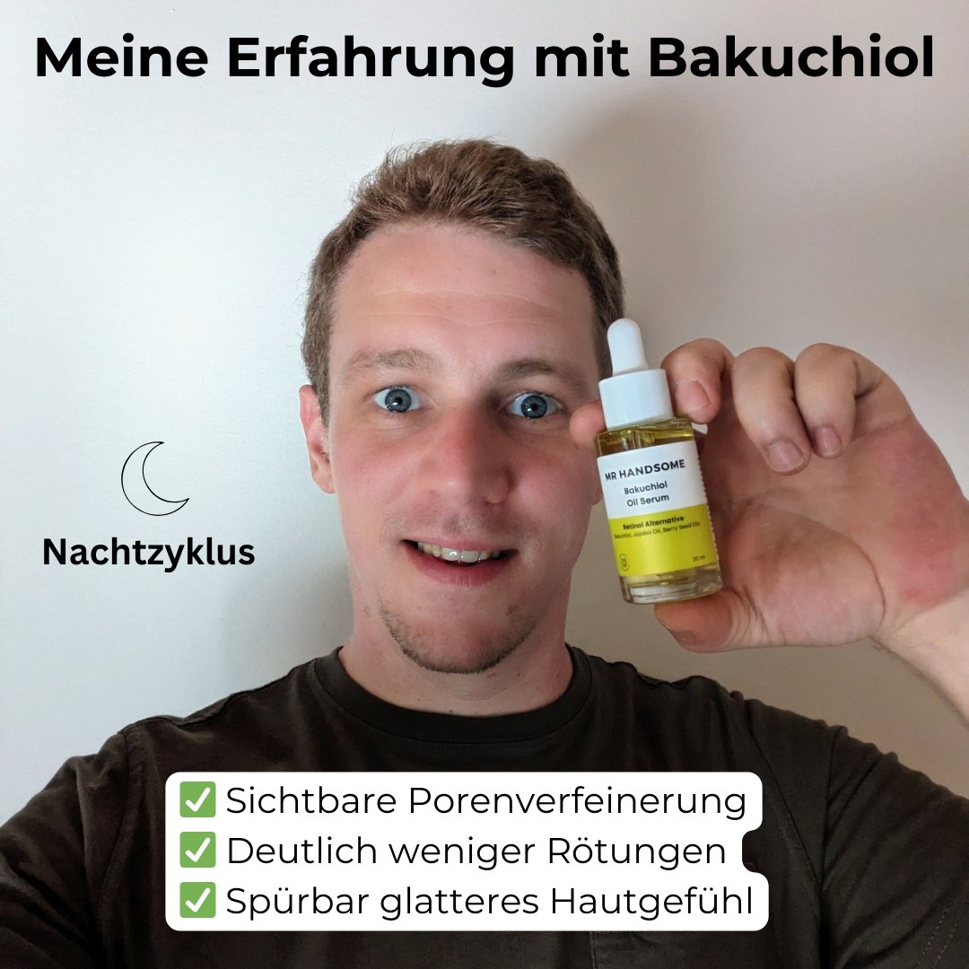 Ein Mann mit dem Bakuchiol Serum von Mr Handsome