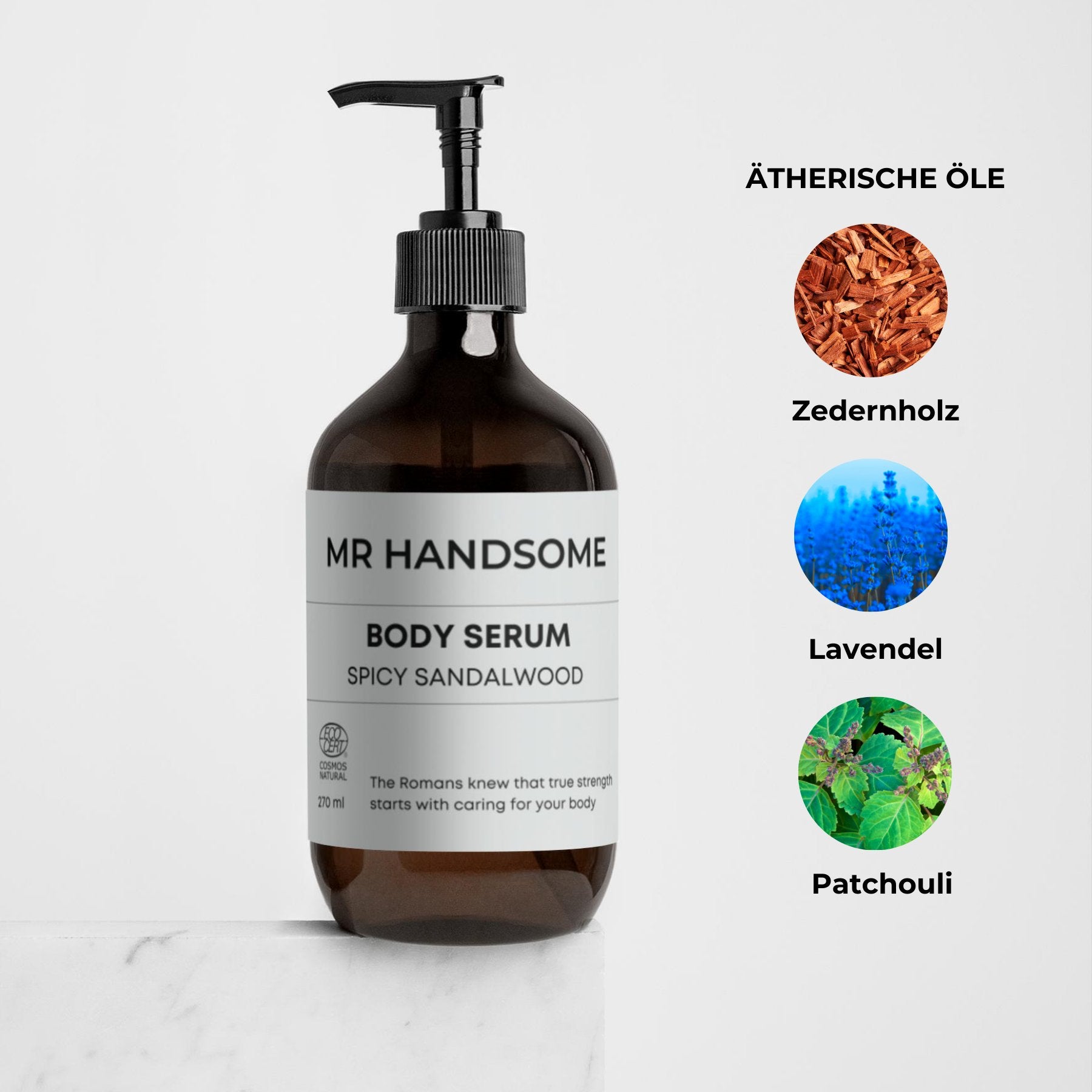 Das Body Serum von Mr Handsome enthält ätherische Öle von Zedernholz, Lavendel und Patchouli