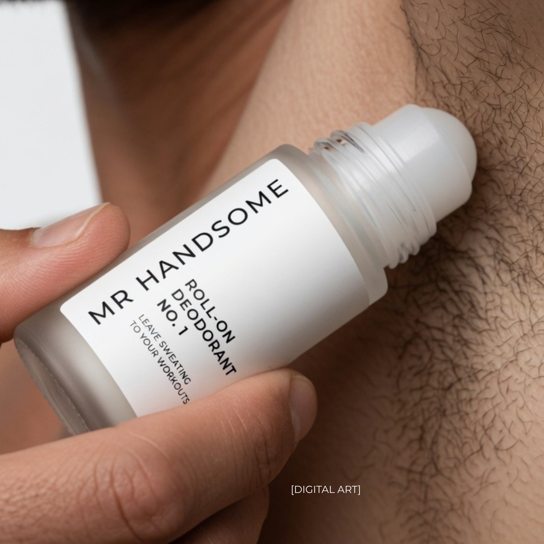 MR HANDSOME Roll-On Deodorant Nr. 1 wird an der Achsel aufgetragen - Mobile Version, KI generiert