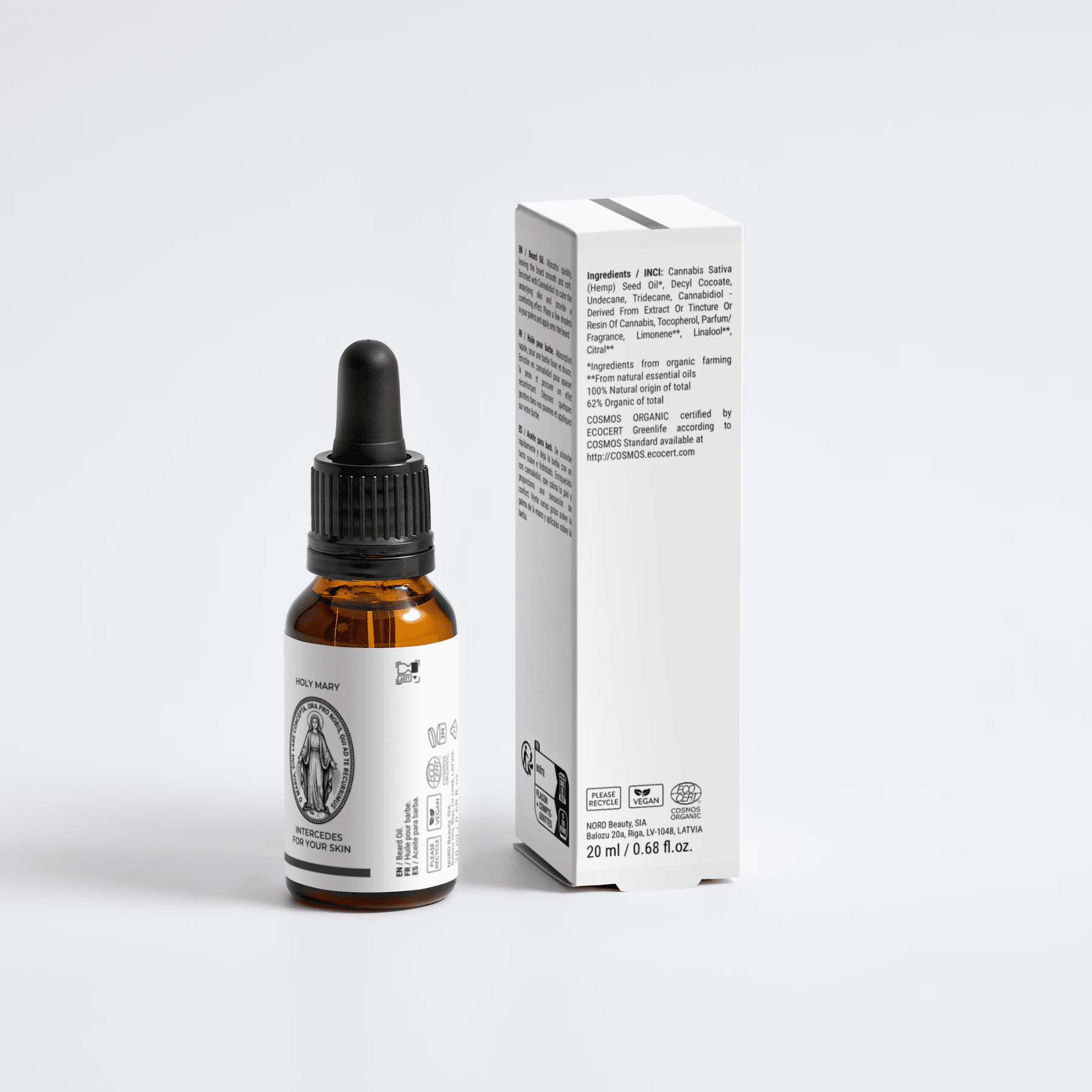 Beard Oil Oakmoss Flasche mit Pipette neben Karton – Tiefenpflege, natürlicher Glanz, Bio-Hanföl & CBD