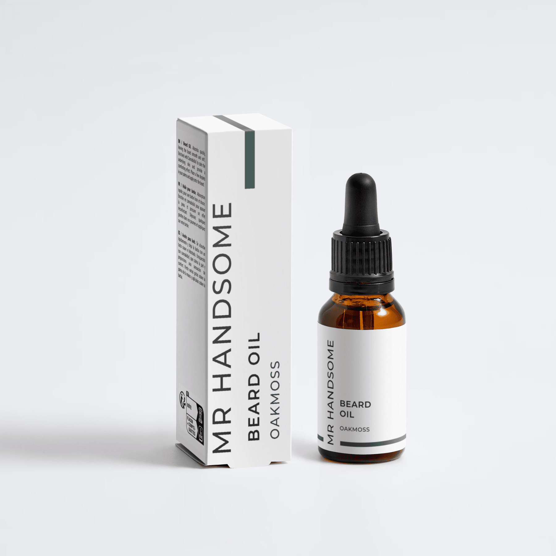 Beard Oil Oakmoss: Tiefenpflege mit Bio-Hanföl & CBD, geschmeidiger Bart, Tropferflasche neben Box