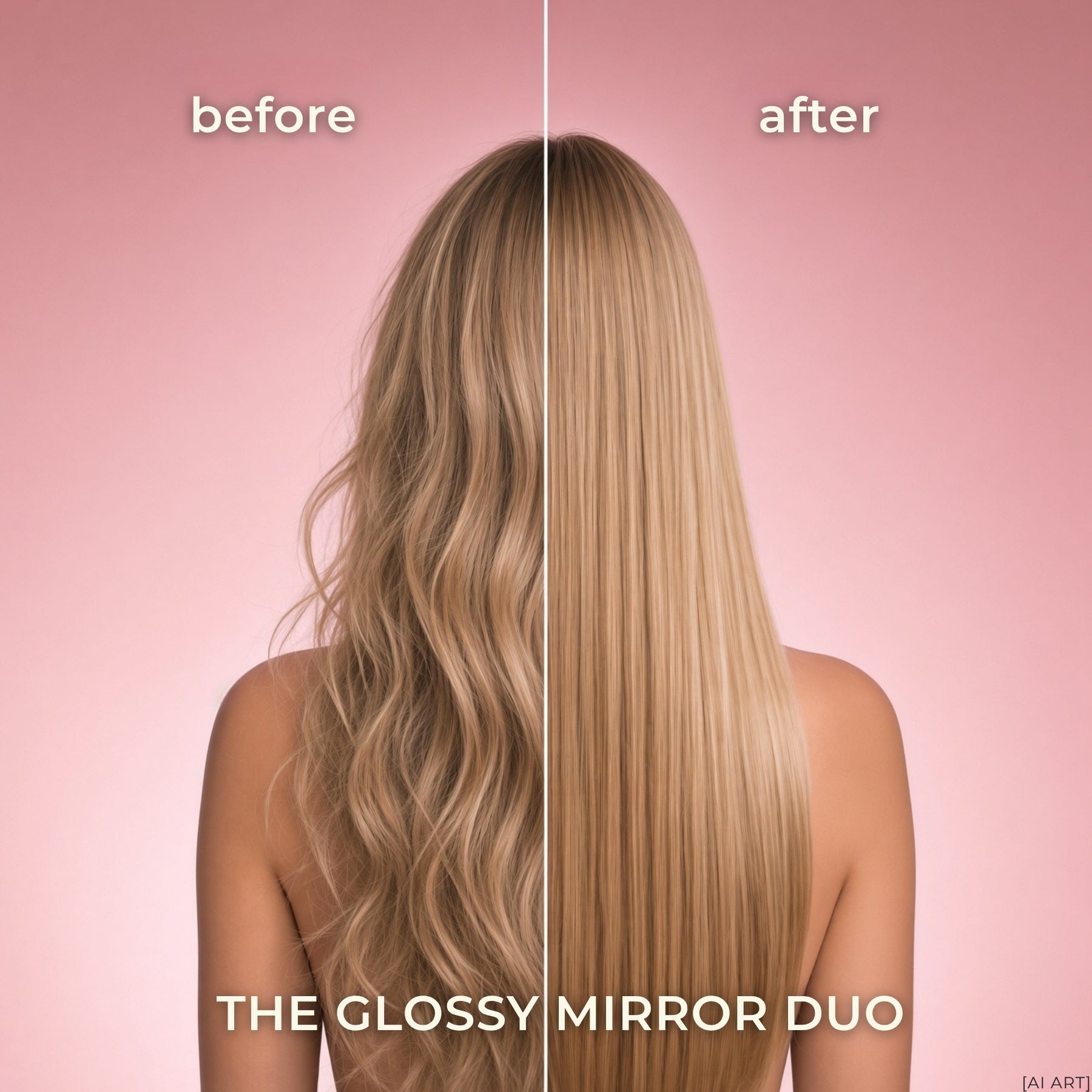 A blonde woman showing her hair before and after using the glossy mirror duo by MR HANDSOME