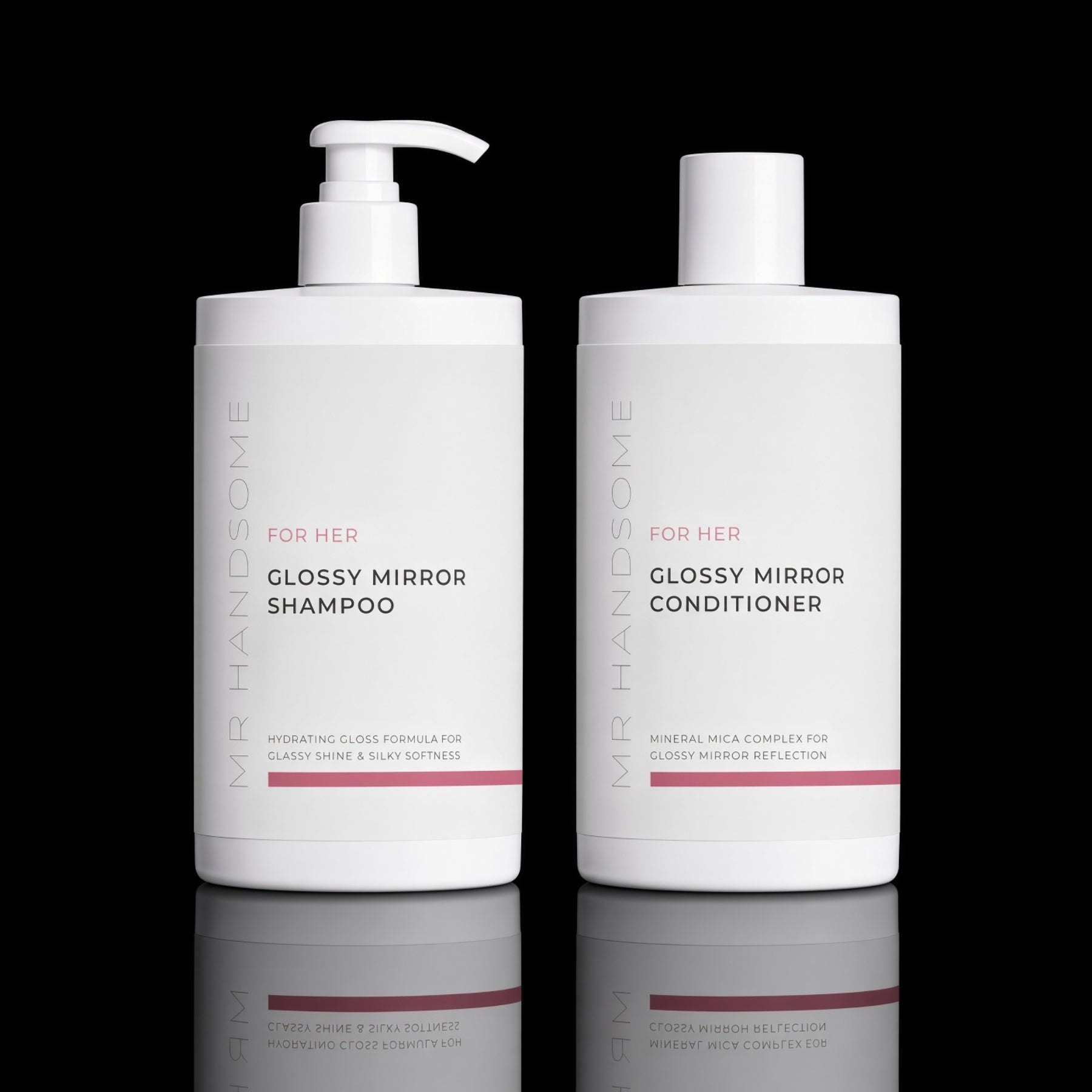 Glossy Mirror Shampoo and Conditioner presented with Mirror Reflections