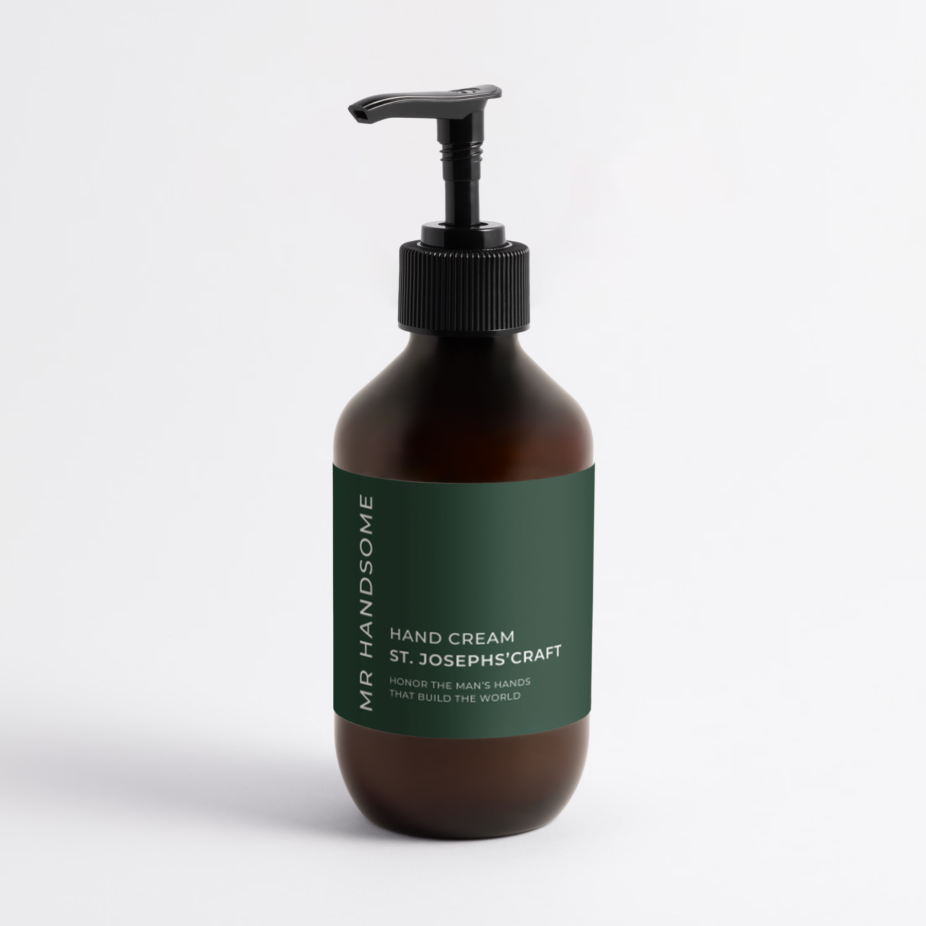 Handcreme-Flasche von St. Joseph's Craft mit Pumpenspender, grüne Etikette, Ehre der Hände, die die Welt bauen