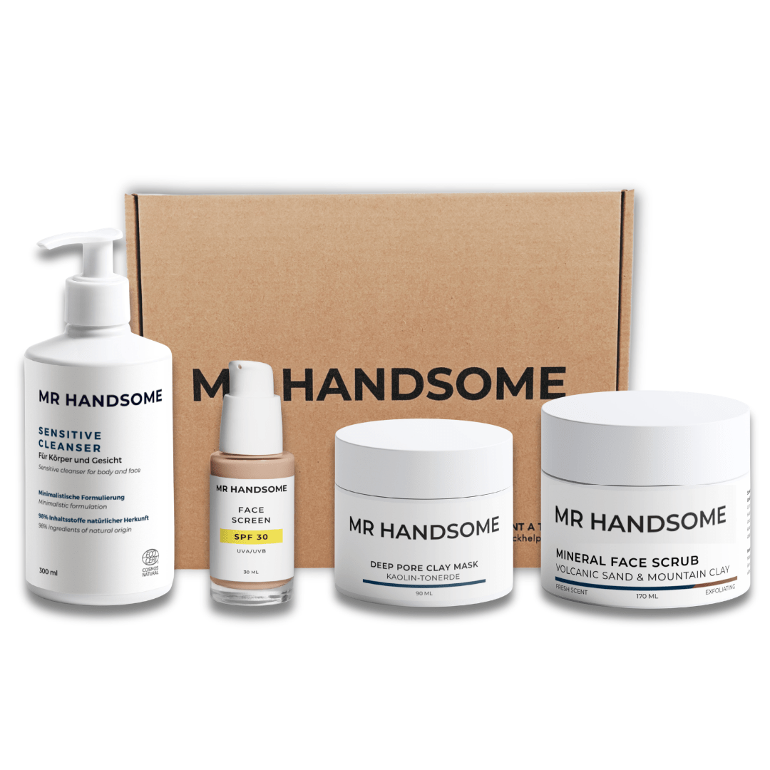 Summer Skincare Essentials für Männer mit 2-in-1 Cleanser, Getönter Tagescreme mit LSF30, Gesichtsmaske und Gesichtspeeling