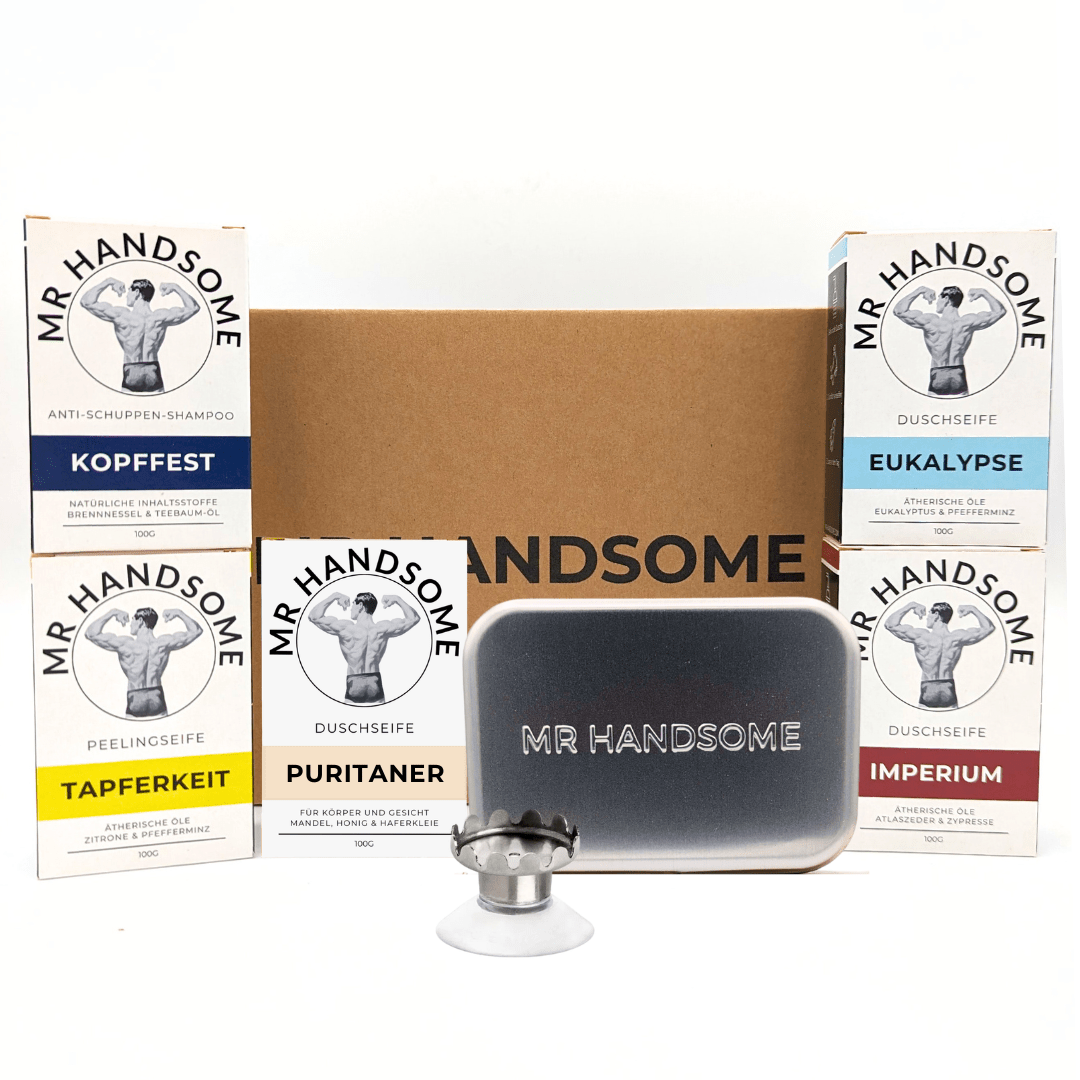 MR HANDSOME Seifenkiste | 4 Seifen | 1 Shampoo | 1 Seifendose | Seifenhalter