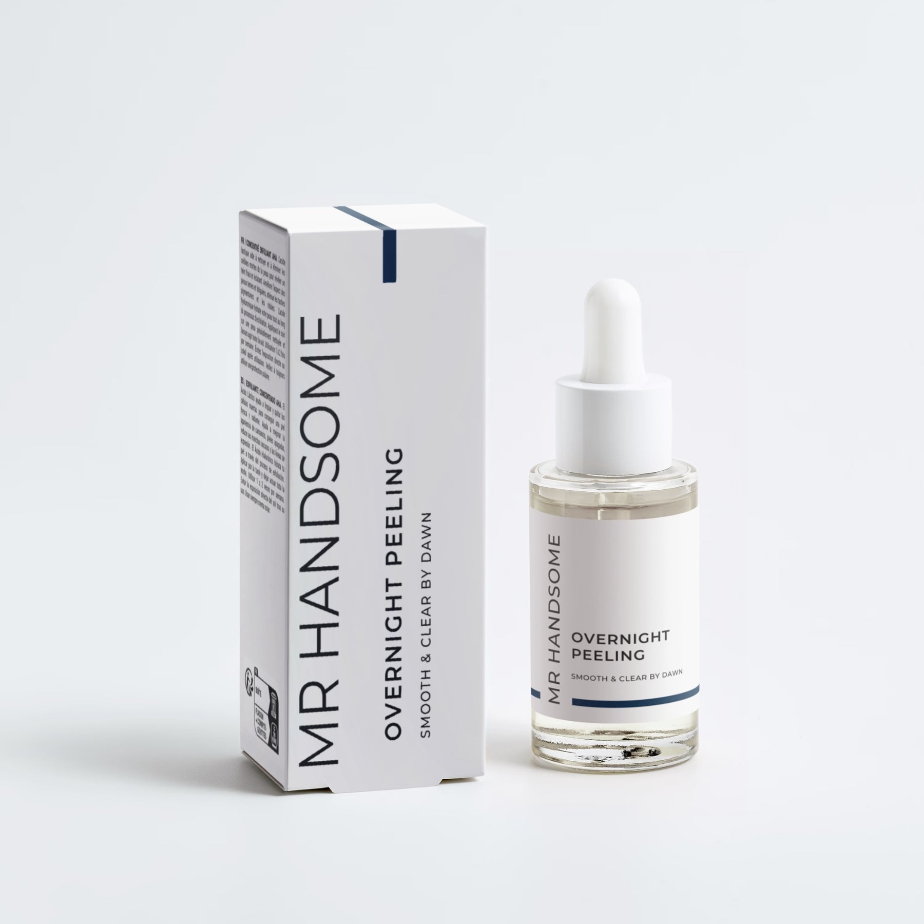 Overnight Peeling | 10% AHA: Weiße Box und Flasche mit Pipette, Nachtpflege für Porenreinigung.