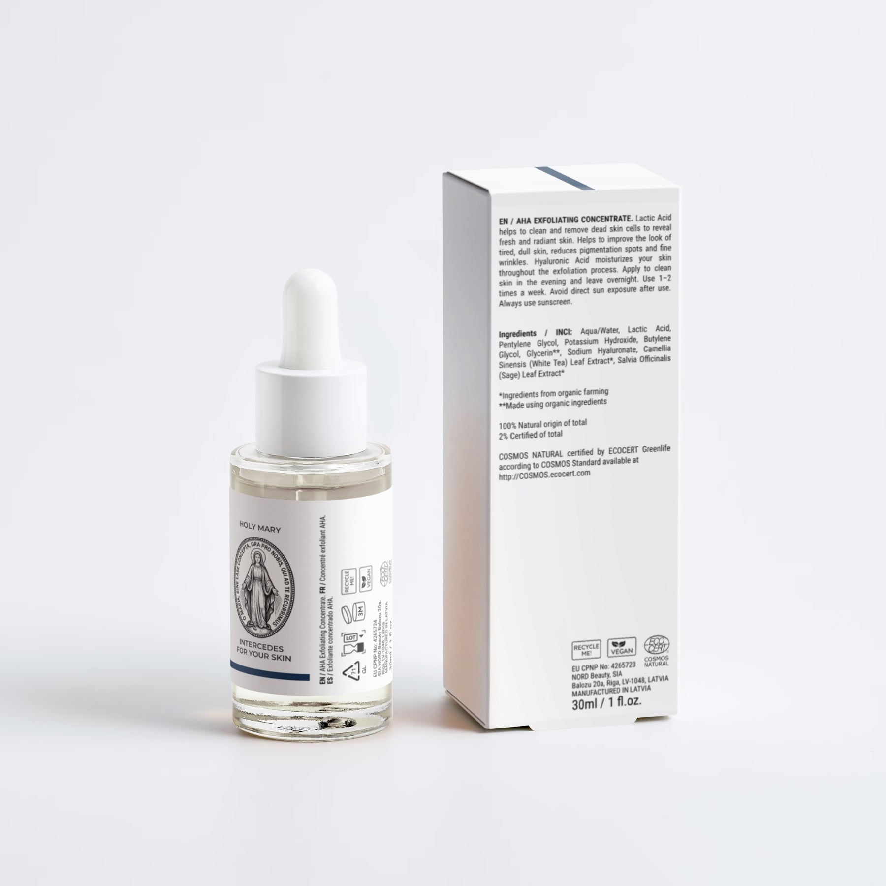 Overnight Peeling 10% AHA – Flasche mit Pipette neben Box, reinigt Poren und fördert klare Haut.