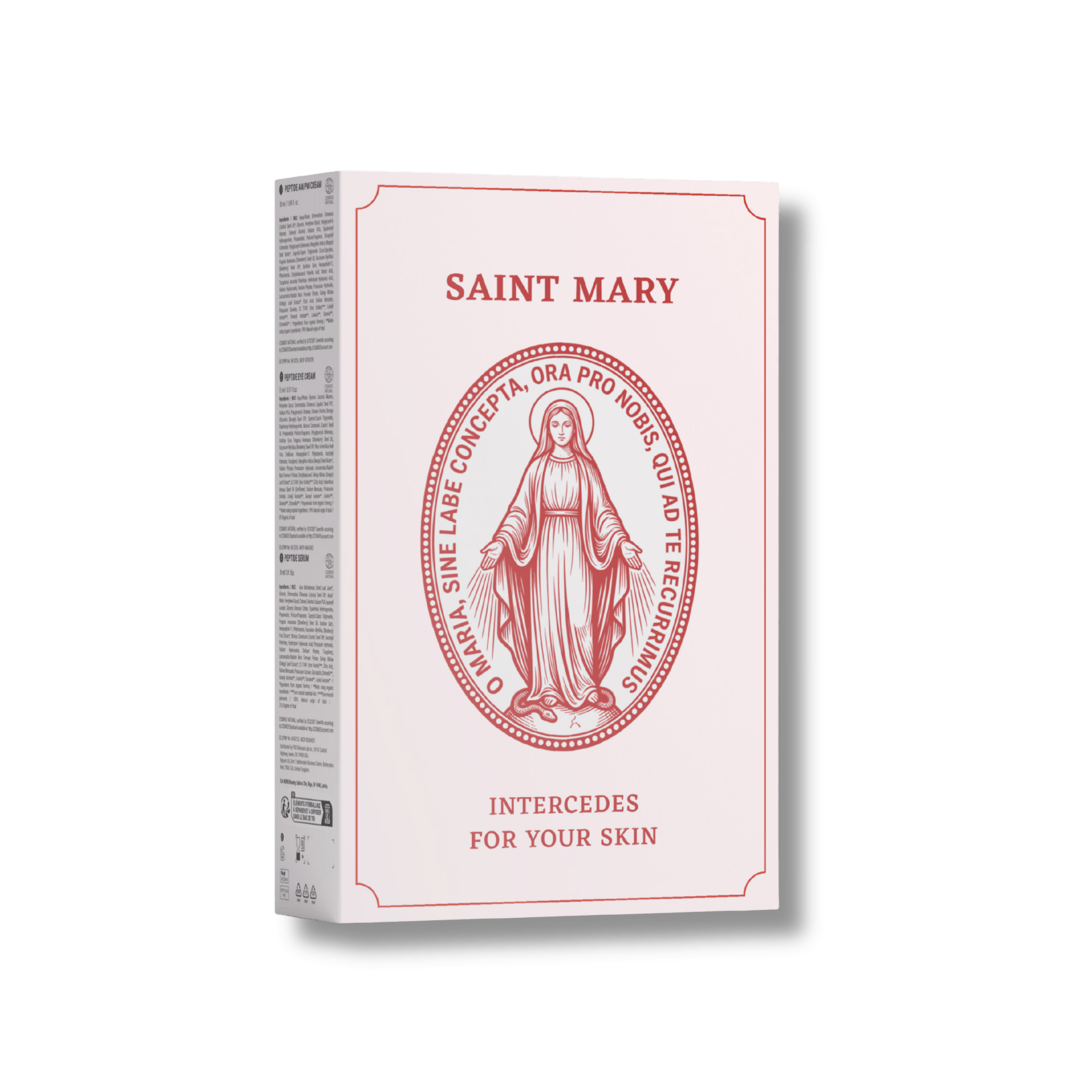 The back cover of Saint Mary's Youth Slow Aging Ritual with the Miraculous Medal framed by the words SAINT MARY INTERECED FOR YOUR SKIN