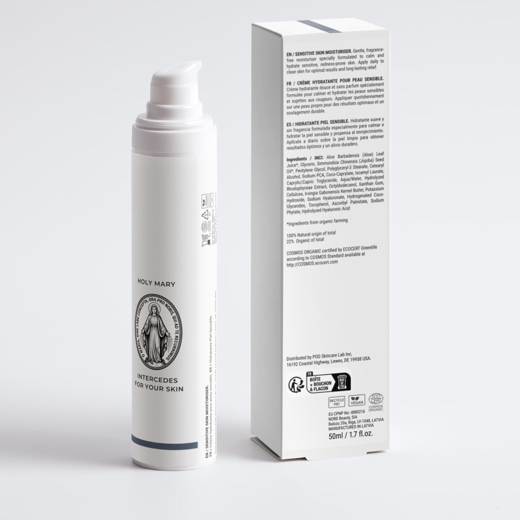 Sensitive Face Cream | Parfümfrei - Slow-Aging-Pflege für sensible Haut, weiße Pumpflasche neben Kartonverpackung.