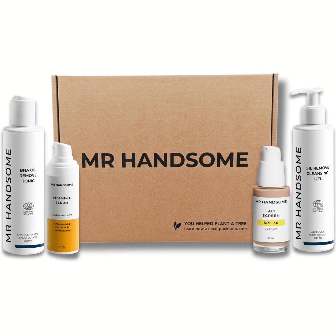 Skincare Routine für Mischhaut, 4‑teilig: Öl Remove Cleansing Gel, BHA Oil Remove Tonic, Vitamin C Serum, Face Screen LSF30 (460 ml)