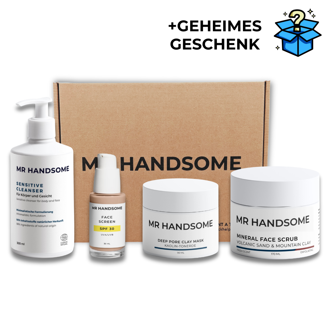 Summer Skincare Essentials für Männer mit 2-in-1 Cleanser, Getönter Tagescreme mit LSF30, Gesichtsmaske und Gesichtspeeling
