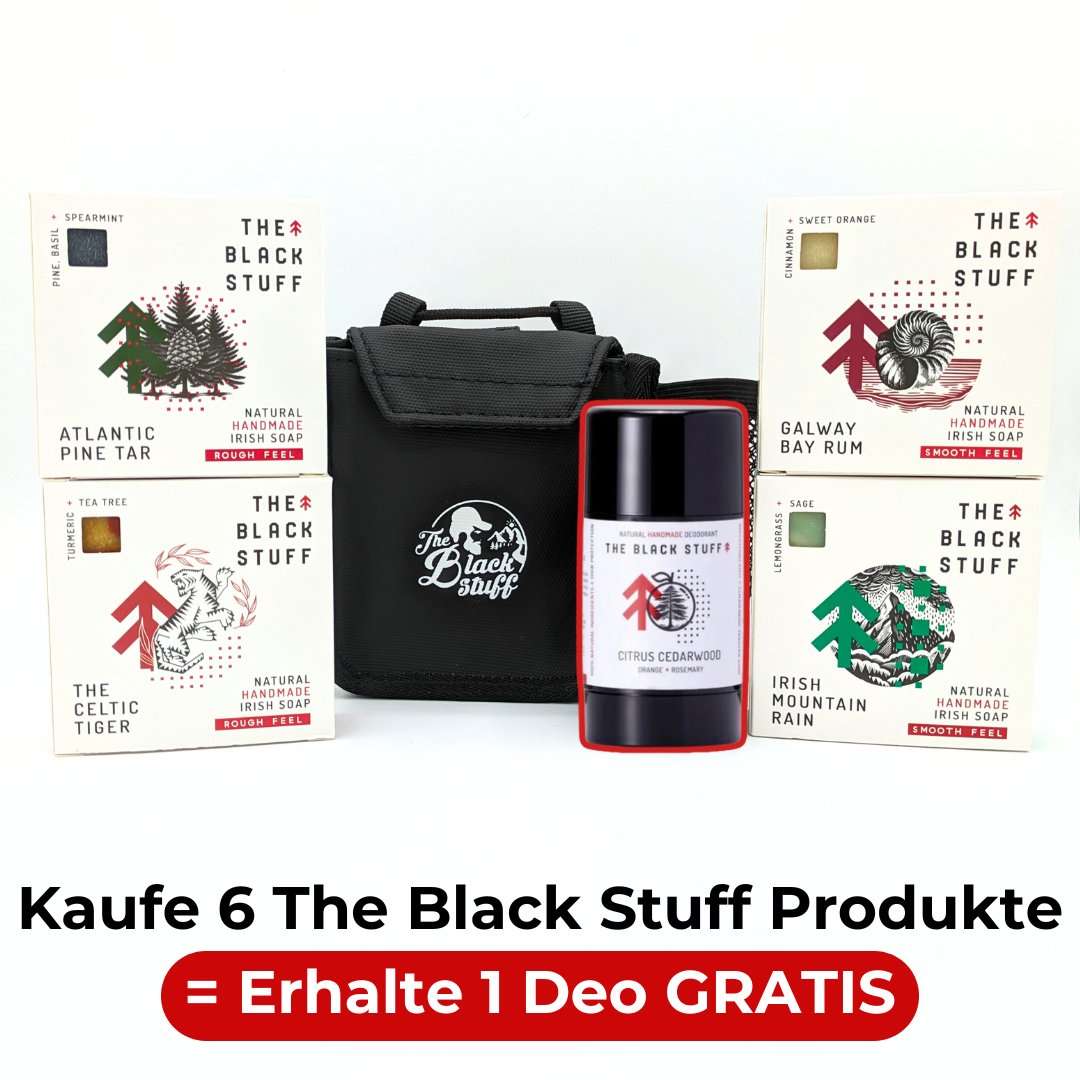 The Black Stuff Set with four soaps, a soap boag and a free deo